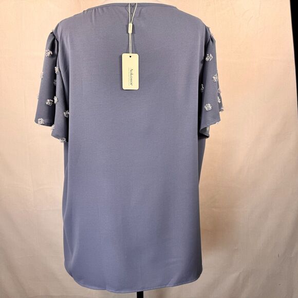 Aokosor Blouse Sz 2XL Light Blue VNeck front pleat Swiss Dot PomPom Short Sleeve - Picture 2 of 7
